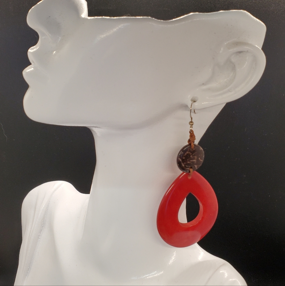 Tagua Nut large tear drop earrings red brown Fair Trade New